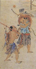 捕獲鹿與大型鳥類的清朝臺灣獵人。（國立中央圖書館臺灣分館提供）