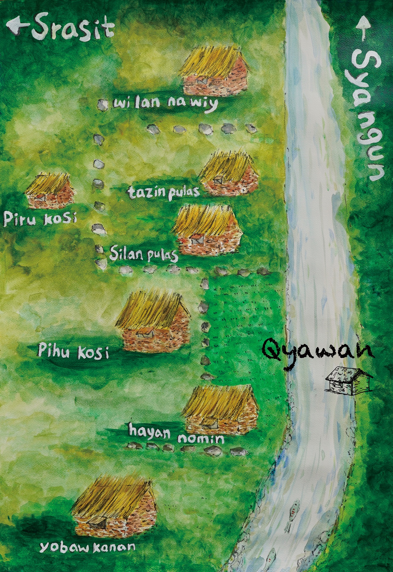 圖7：手繪Qyawan部落七戶人家分布圖。（資料來源：莎韻西孟提供）