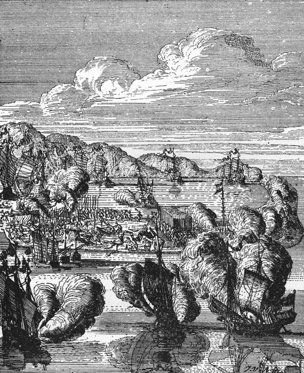 鄭成功的艦隊圍攻熱蘭遮城要塞的情景。